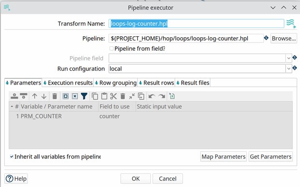 Apache Hop loops - pipeline executor configuration